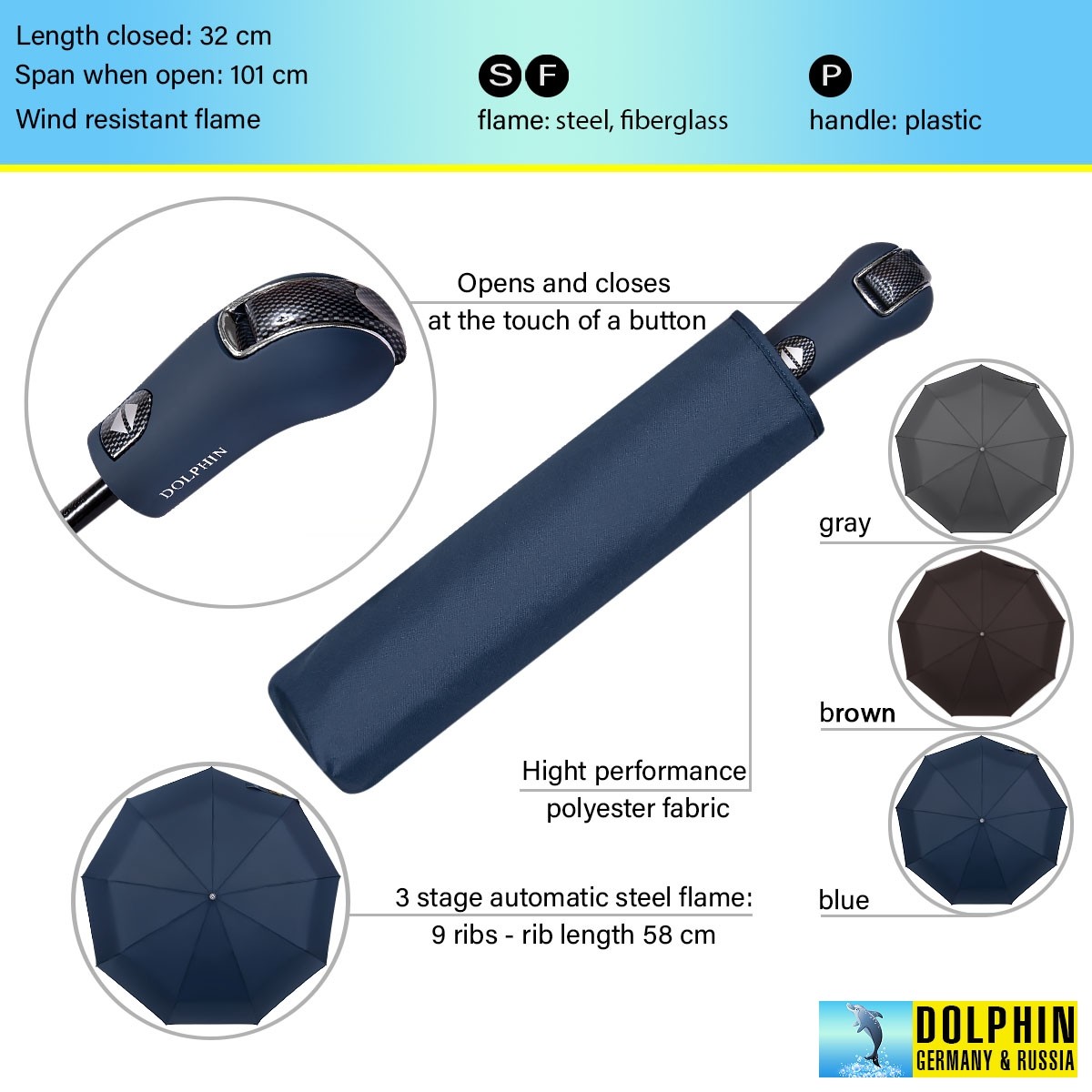 Зонт мужской 506R Dolphin 3 сл с/а 9 спиц ручка гольф premium 1