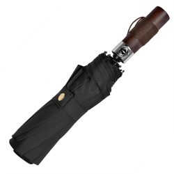 Черный мужской складной зонт с прямой деревянной ручкой Classica 1504 Черный зонт с прямой ручкой Classica 1504